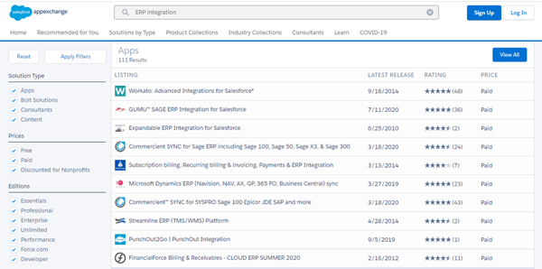 Salesforce AppExchange search for ERP integration solutions