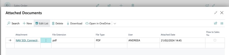 Pdf visible under Attached Documents and linked to a Sales Order in Business Central