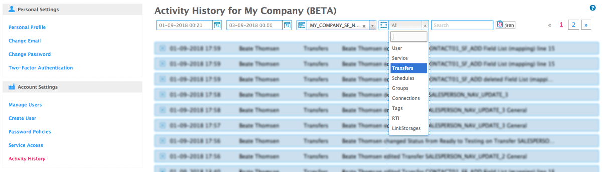 filter on service and area in the activity history
