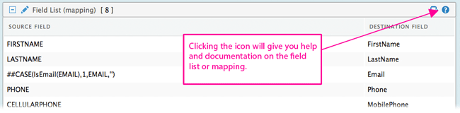 find help on field list mapping via clicking on the question mark icon
