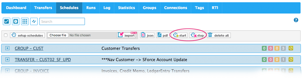 Start or stop all or selected schedules