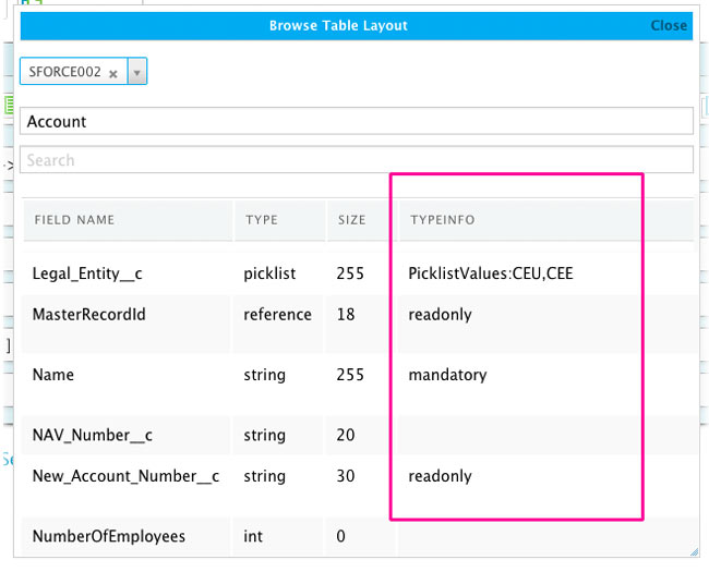 type info field in the table layout browser