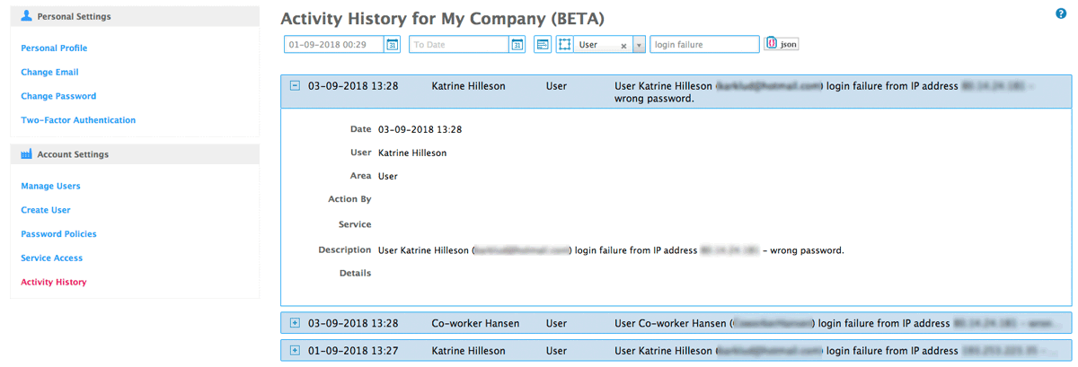 activity history on login failure on user