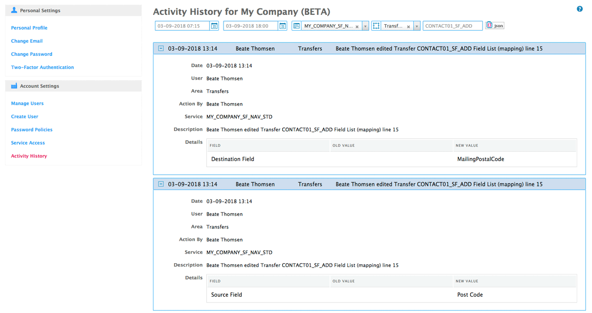details of transfer on activity history