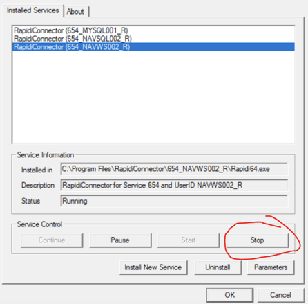 uninstall rapidiconnector stop