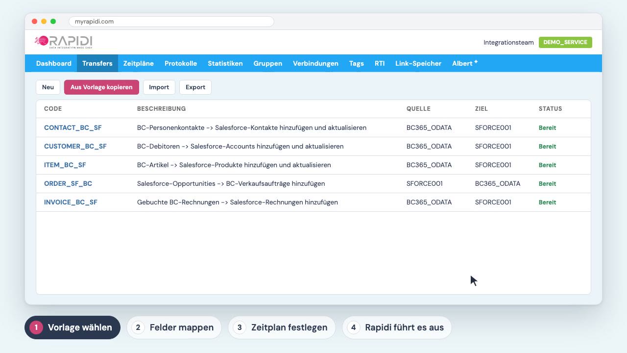 Die Transferliste in MyRapidi mit dem Kundentransfer zwischen Salesforce und Business Central