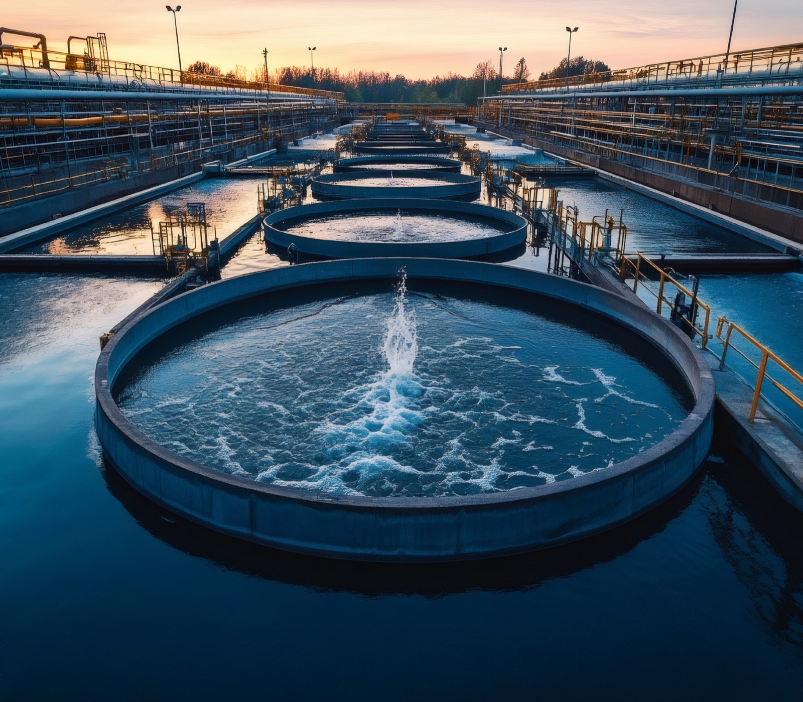 Circular sedimentation tanks at a water treatment plant at dusk