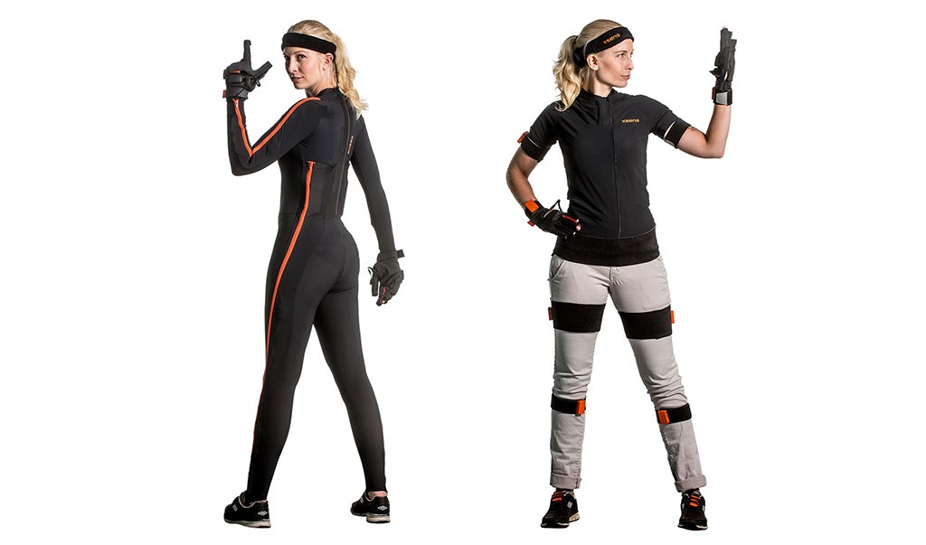 Two views of a person wearing motion-capture gear: a full black suit and a modular strap-based configuration