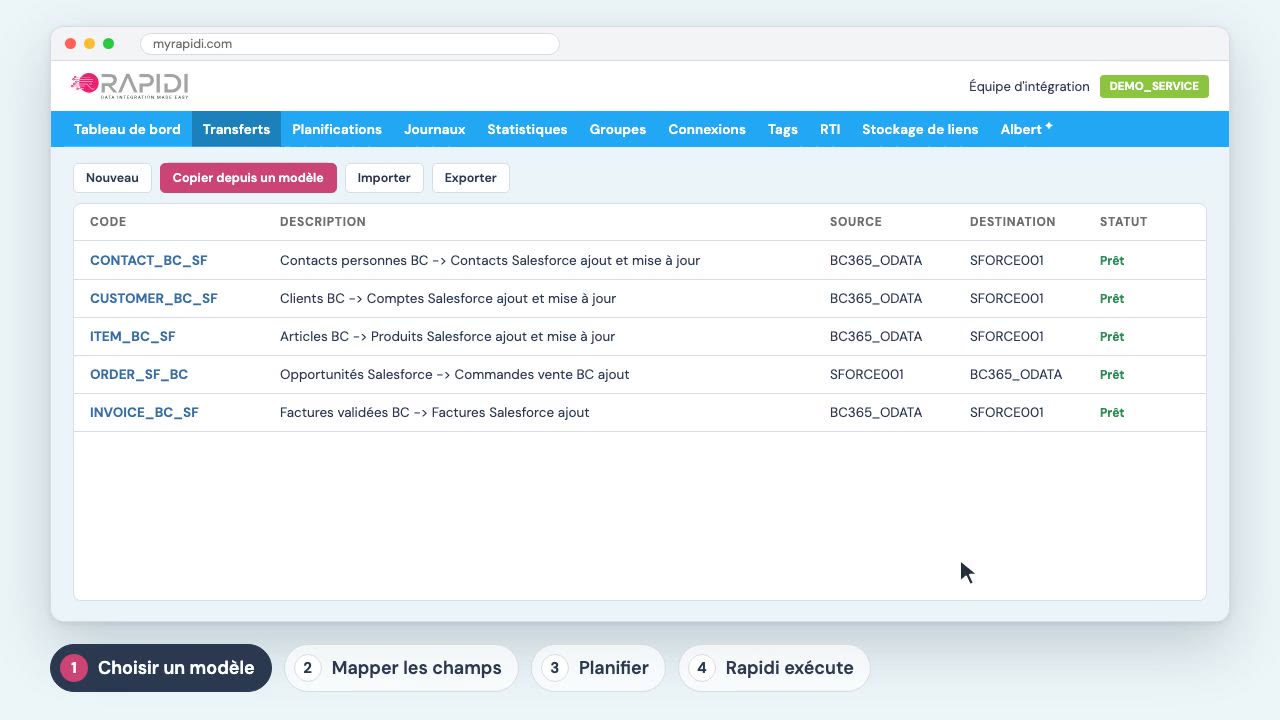 La liste des transferts dans MyRapidi, avec le transfert des clients entre Salesforce et Business Central