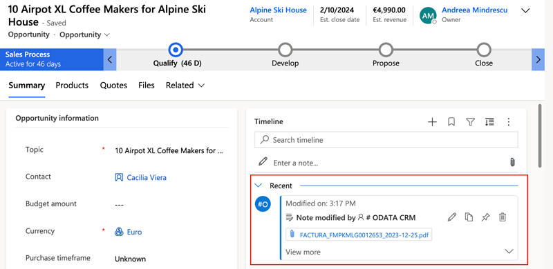Pdf file visible under Notes on the Opportunity in Dynamics 365 Sales&nbsp;