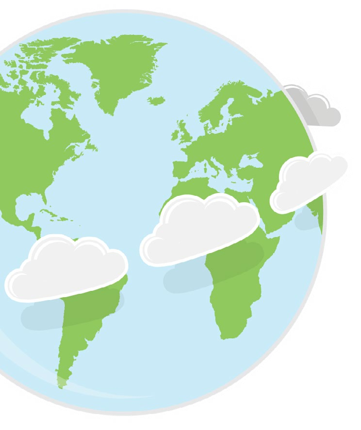 An illustrated globe showing the Americas, Europe and Africa with clouds across it