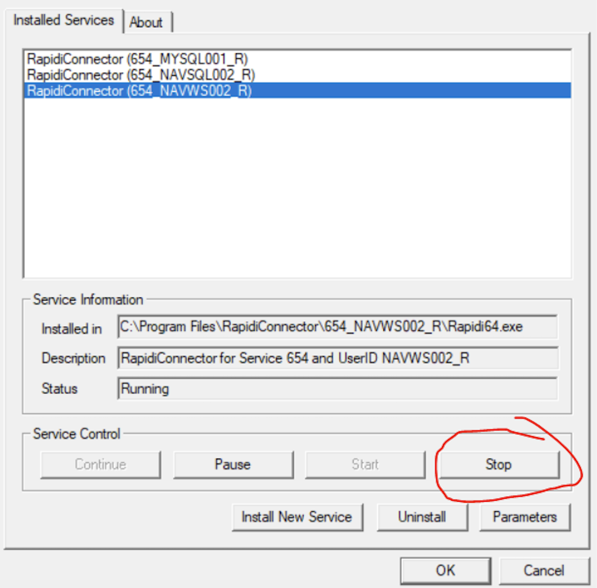 uninstall rapidiconnector stop