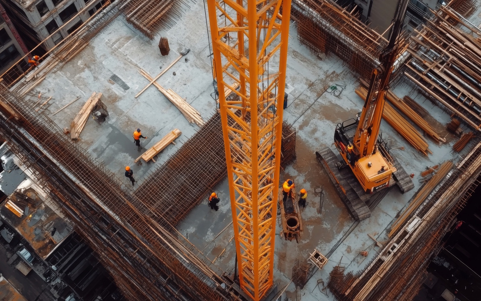 Aerial view of a construction site with a tower crane and reinforcement steel