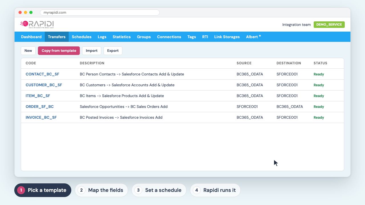 The MyRapidi transfer list with the Salesforce and Business Central customer transfer