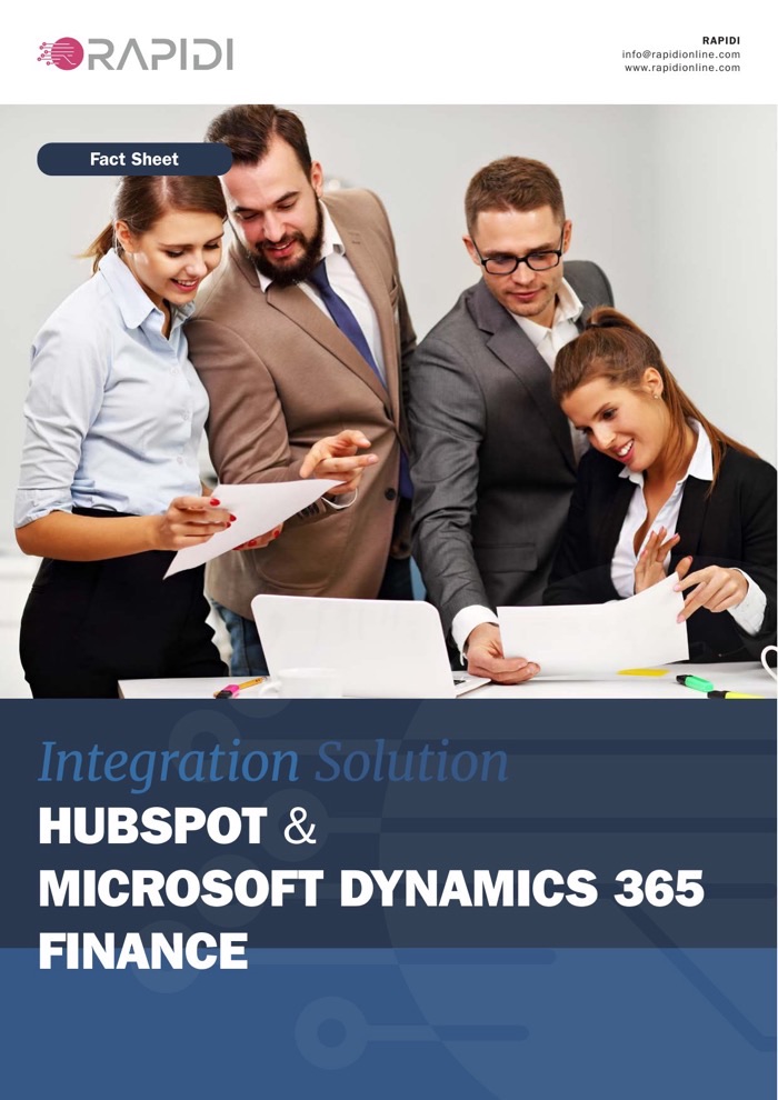 Cover of the Rapidi fact sheet on HubSpot and Microsoft Dynamics 365 Finance