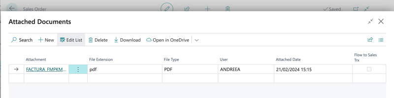 Pdf file under Attached Documents and linked to a Sales Order in Business Central