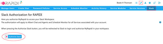 The Account tab in MyRapidi with Slack selected and the Authorize Slack button