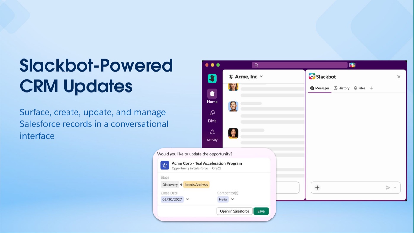 Slackbot surfacing a Salesforce opportunity record inside a Slack conversation, with fields to update stage, close date, and competitors