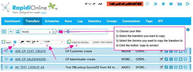 select and copy multiple transfers to another service all at once