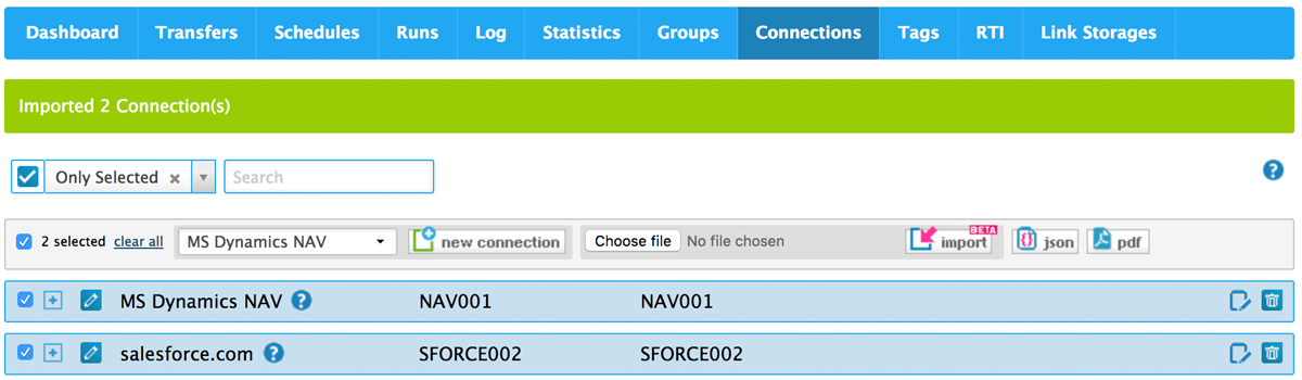 two Connections successfully imported