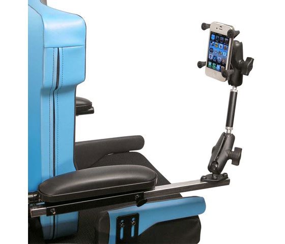 An articulated phone mount clamped to the arm of a wheelchair