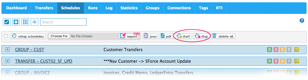 Start or stop all or selected schedules Start or stop all or selected schedules