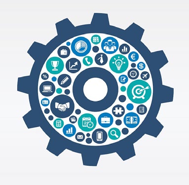 A cogwheel graphic filled with icons representing business process functions