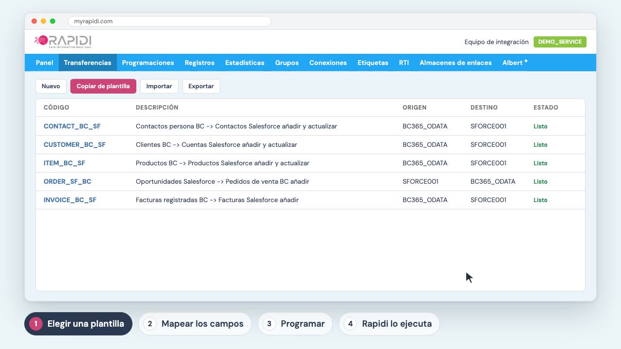 La lista de transferencias en MyRapidi, con la transferencia de clientes entre Salesforce y Business Central