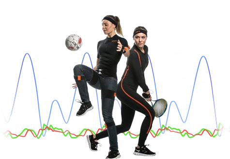 Two athletes in sensor suits over a motion-analysis waveform