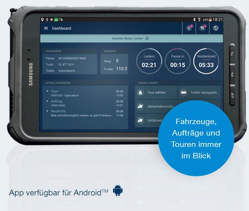 A rugged Android tablet showing the idem telematics driver dashboard with driving and rest times