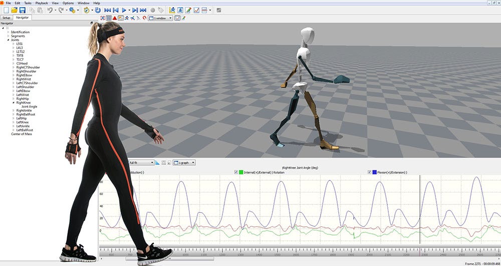 Motion-capture software showing a person in a sensor suit beside an animated skeleton and joint-angle graphs
