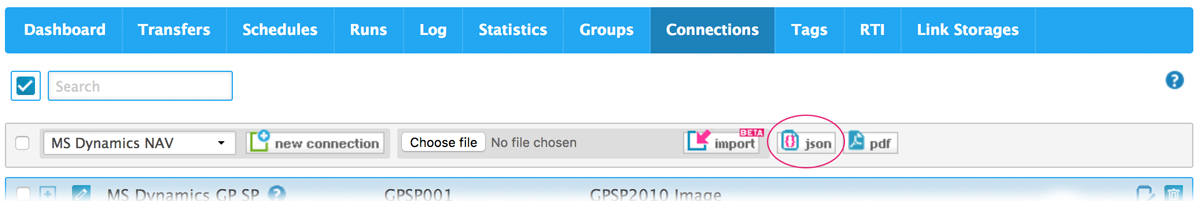 exporting to json file on connections